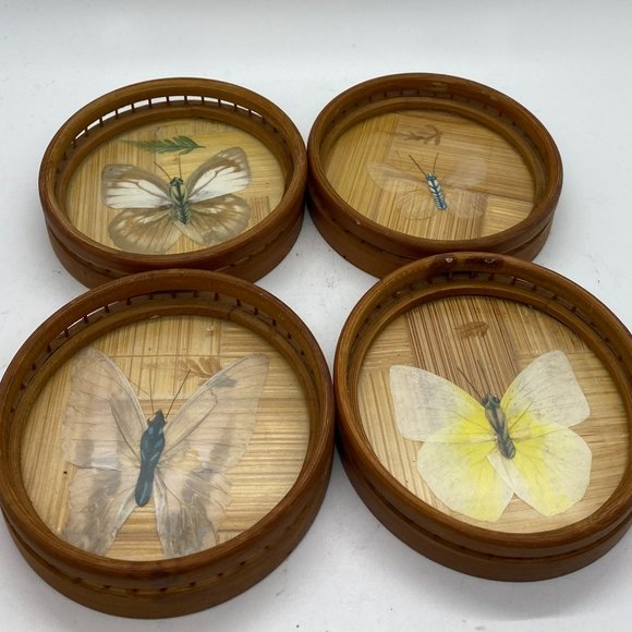 VINTAGE Bamboo Butterfly Coasters - Set of 4
